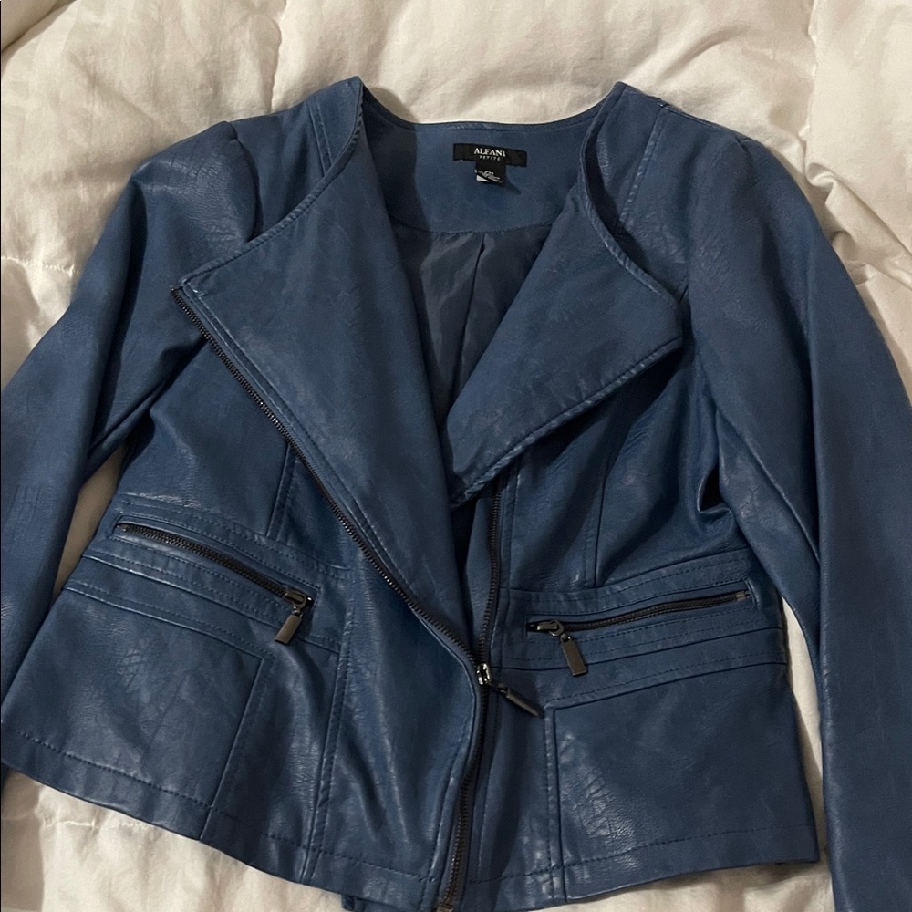 Alfani Blue Leather Jacket with Asymmetrical Zipper